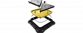 Exploded render of Unite D400 manhole cover showing Internal accessory receiver