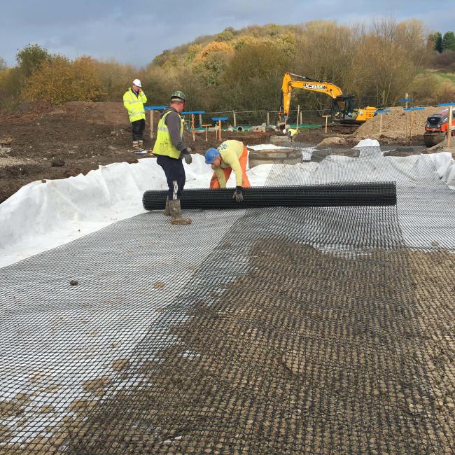 Geogrid being installed on building site