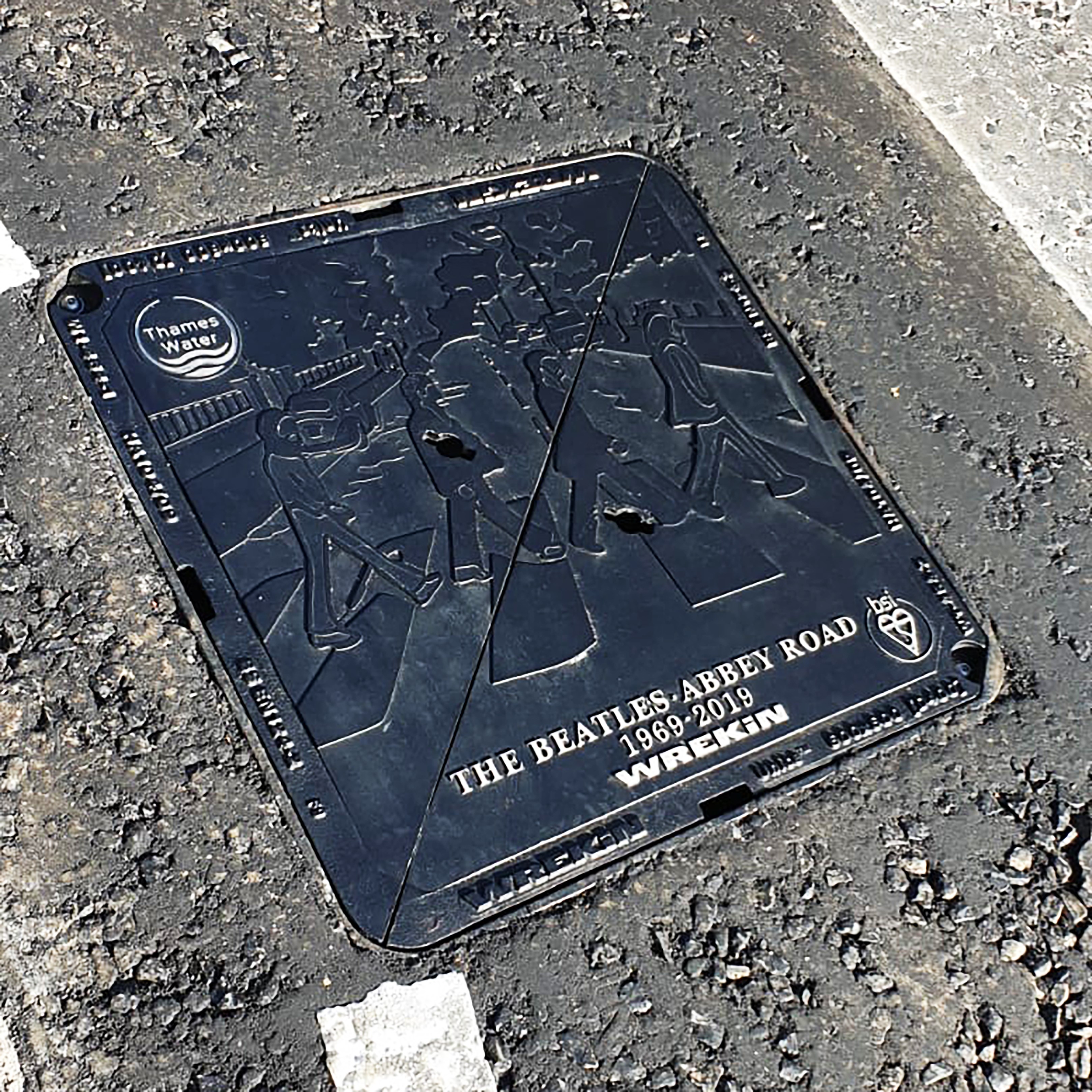 Abbey Road custom manhole cover close up