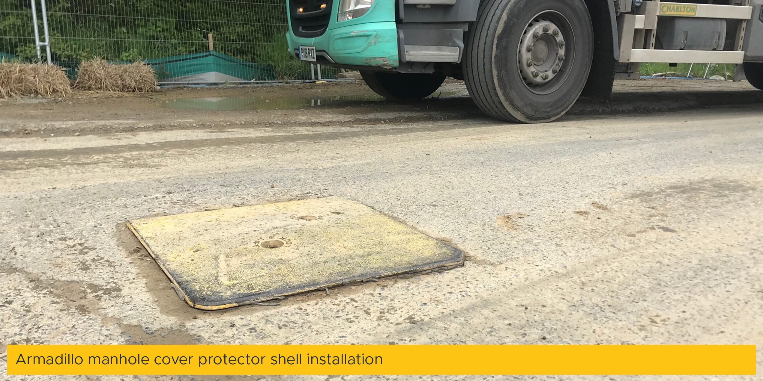 Armadillo manhole cover protector shell installation
