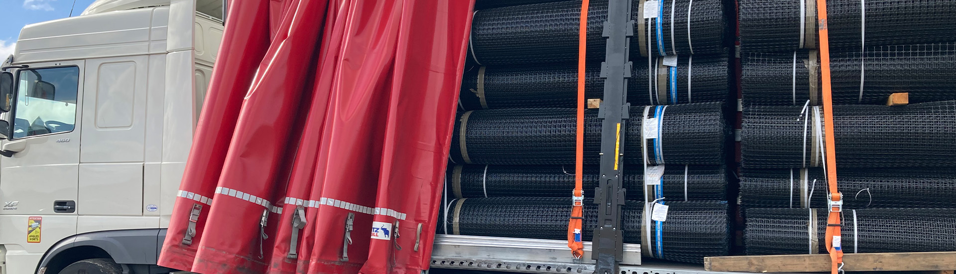 Geosynthetics rolls loaded onto back of lorry