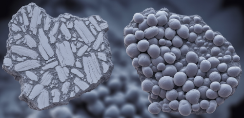Example comparison of grey iron (left) and ductile iron (right) under a microscope