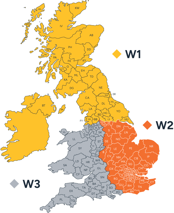 Wrekin sales region map of the United Kingdom and Republic of Ireland