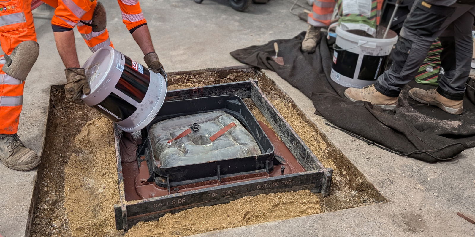 Flowable mortar used with a Unite manhole cover