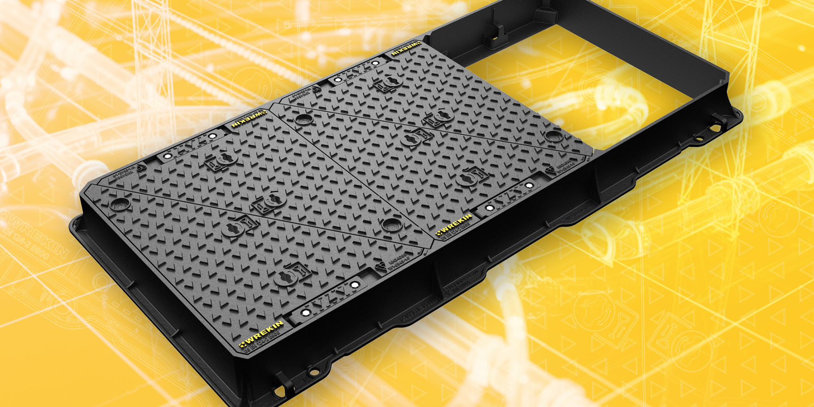 Wrekin Pulse manhole cover on a yellow background