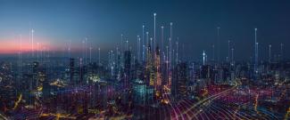 Smart city with data flowing into the sky