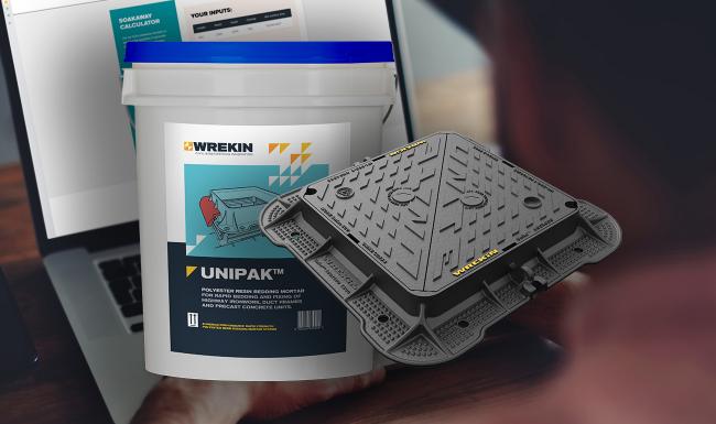 Laptop with product render of Unipak and Manhole cover
